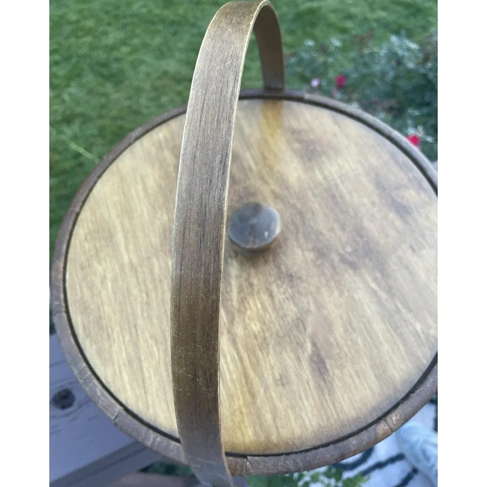 Vintage Wooden Firkin Sugar Bucket Swing Handle Lid 2 Brass Bands 12